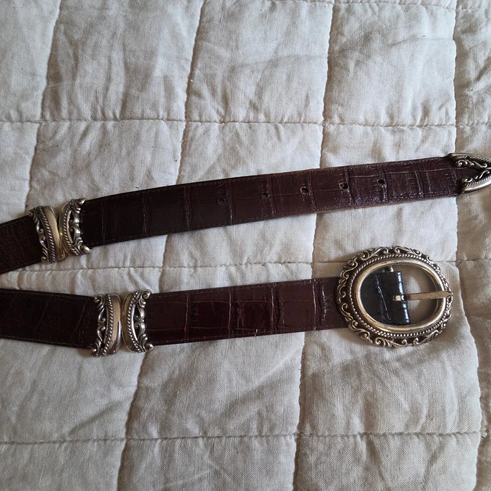 Reversable Faux Croc Belt XXL Brown/Black Silver Filigree Buckle Vtg Western